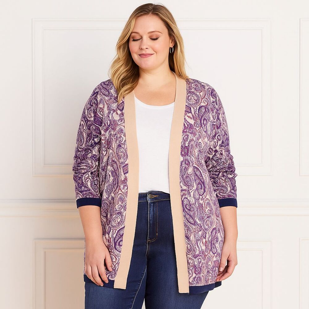 Lands End Long Line Cardigan Sweater‎ Women's Large 14-16 Paisley Open Front